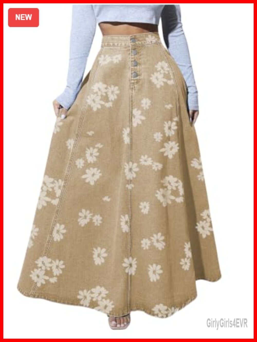 High Waisted Flared Maxi Denim Skirt with Button Fly